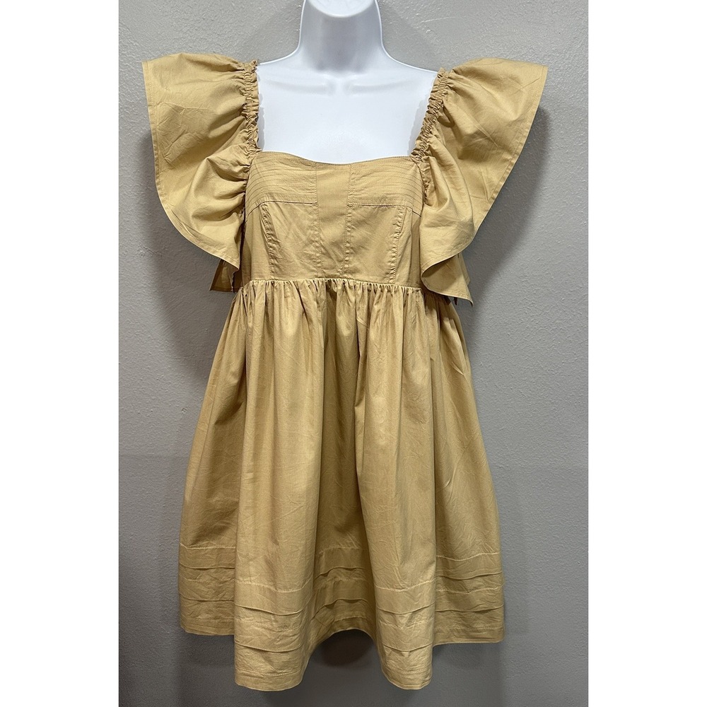 &merci Tiered Off Shoulder Mini Dress Women's Medium Khaki Lined Stretch Pullovr